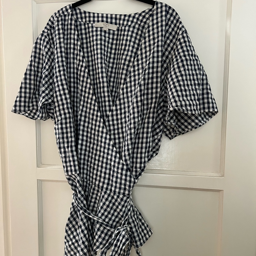 LOFT Navy and White Gingham Wrap Top